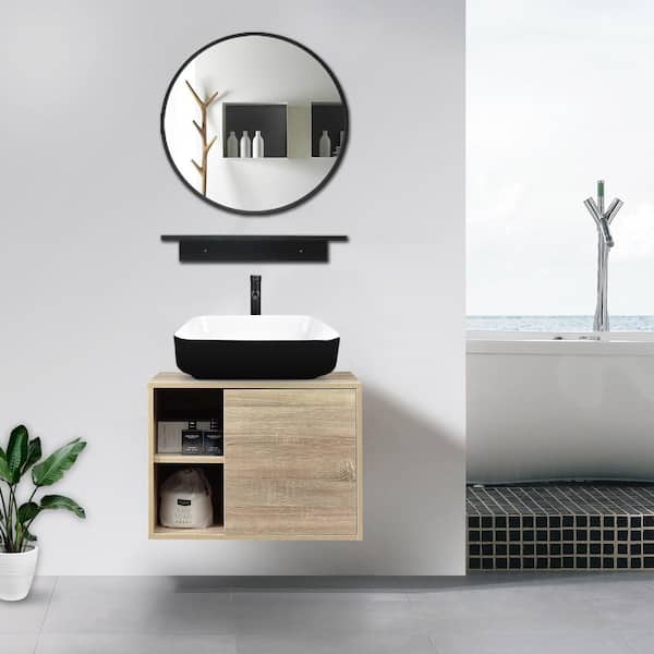 24 in. W Single Sink Burlywood Bath Vanity with Black/White Rectangular Solid Surface Top Sink and Mirror