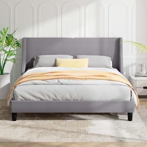 Upholstered Bed Frame with Headboard and Wingback Light Grey Queen Size Bed Frame Platform Bed with USB and Type-C Ports