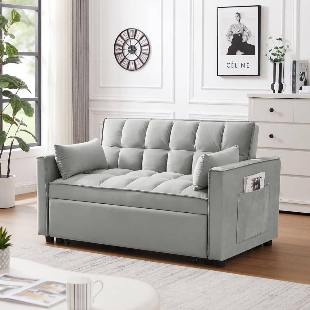 55.11 in. Gray Modern Velvet 3 in 1 Convertible Loveseat Futon Sleeper Sofa
