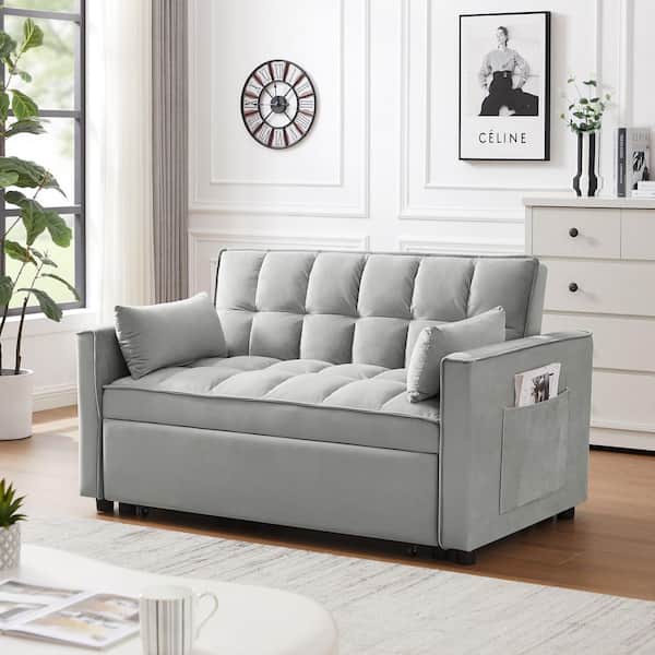 55.11 in. Gray Modern Velvet 3 in 1 Convertible Loveseat Futon Sleeper Sofa Bed w/Pullout Bed, Toss Pillows