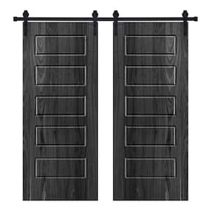 Modern 5 Panel Designed 48 in. x 80 in. Wood Panel Ebony Painted Double Sliding Barn Door with Hardware Kit