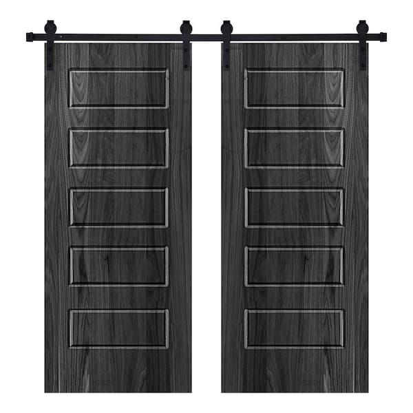 AIOPOP HOME Modern 5 Panel Designed 48 in. x 80 in. Wood Panel Ebony Painted Double Sliding Barn Door with Hardware Kit