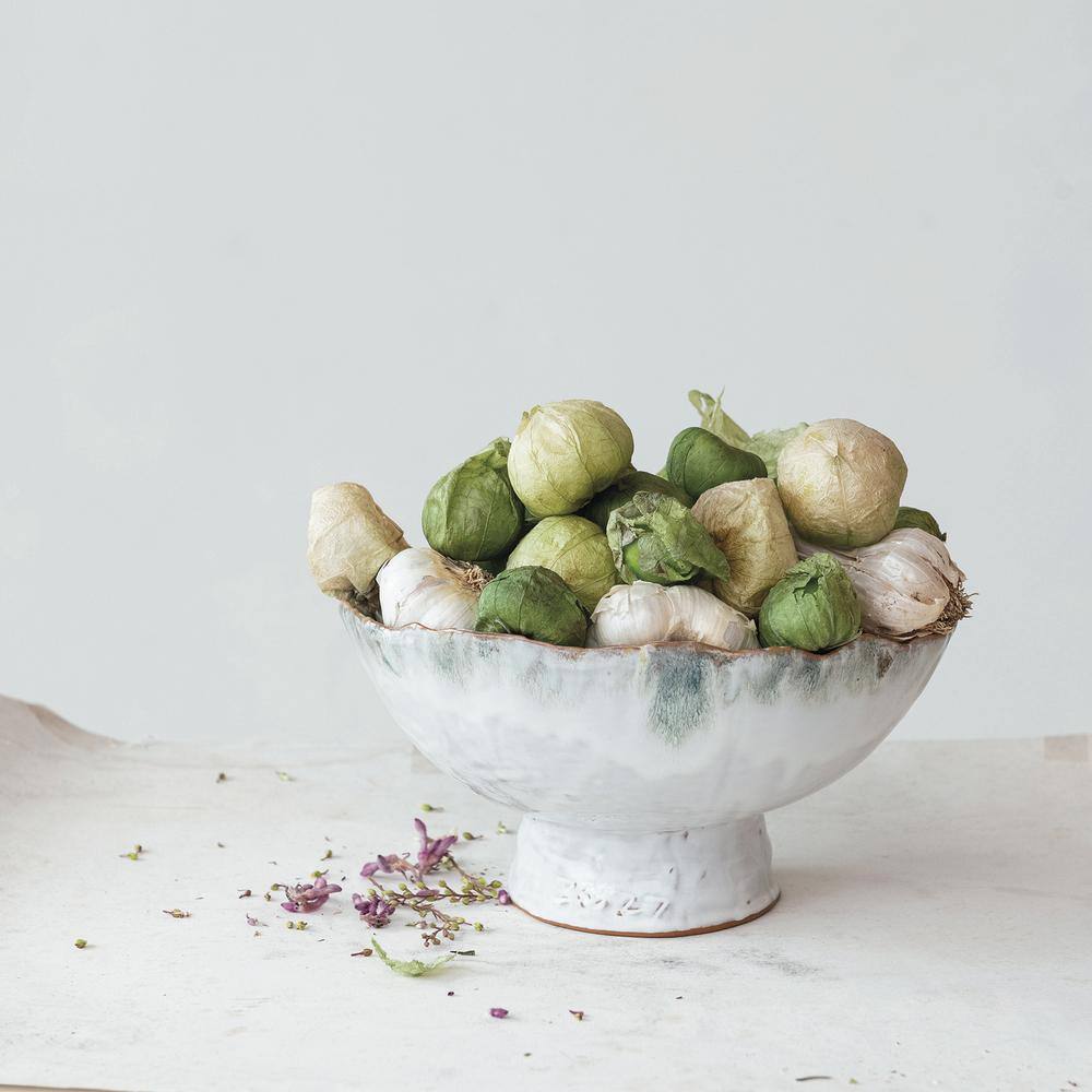 Green and Brown Stoneware Serving Bowl with Stand