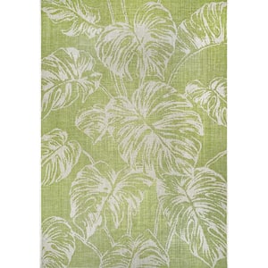Belle Palm Leaves Sage 5 ft. x 8 ft. Indoor/Outdoor Patio Area Rug