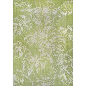 Belle Palm Leaves Sage 8 ft. x 11 ft. Indoor/Outdoor Patio Area Rug