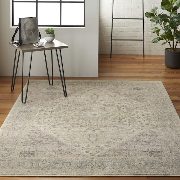 5' X 7' Ivory Pink And Gray Floral Distressed Area Rug