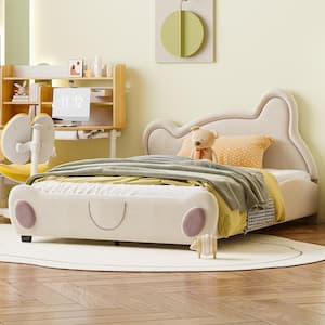 Beige Wood Frame Full Velvet Upholstered Platform Bed with Bear-Shaped Headboard and Footboard, Bed-End Storage Pocket