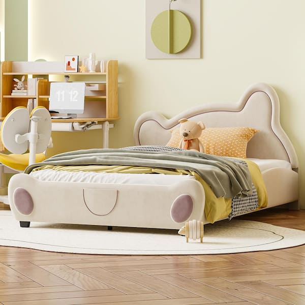 Harper & Bright Designs Beige Wood Frame Full Velvet Upholstered Platform Bed with Bear-Shaped Headboard and Footboard, Bed-End Storage Pocket