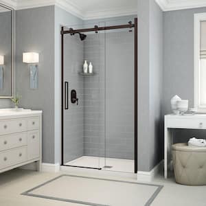 Utile Metro 32 in. x 48 in. x 83.5 in. Center Drain Alcove Shower Kit in Ash Grey with Dark Bronze Shower Door