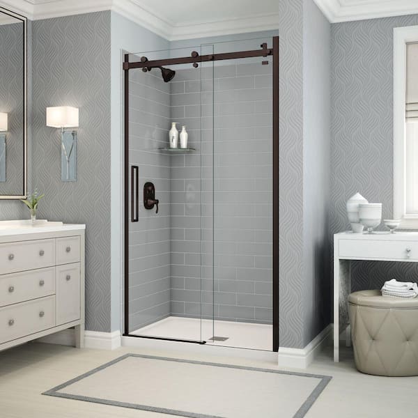 MAAX Utile Metro 32 in. x 48 in. x 83.5 in. Center Drain Alcove Shower Kit in Ash Grey with Dark Bronze Shower Door