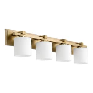 Traditional Cylinder 33 in. W  4-Lights Aged Brass Vanity Lights with Satin Opal Glass