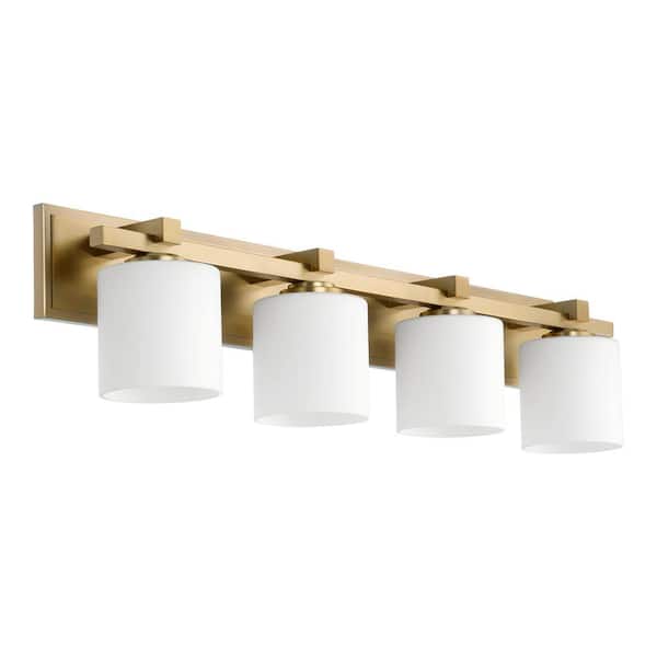 Quorum INTERNATIONAL Traditional Cylinder 33 in. W  4-Lights Aged Brass Vanity Lights with Satin Opal Glass