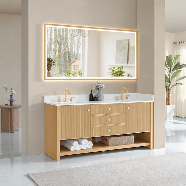 Cecil 72 in. Double Freestanding White Oak Bath Vanity with Grain White Engineered Stone Top Assembled