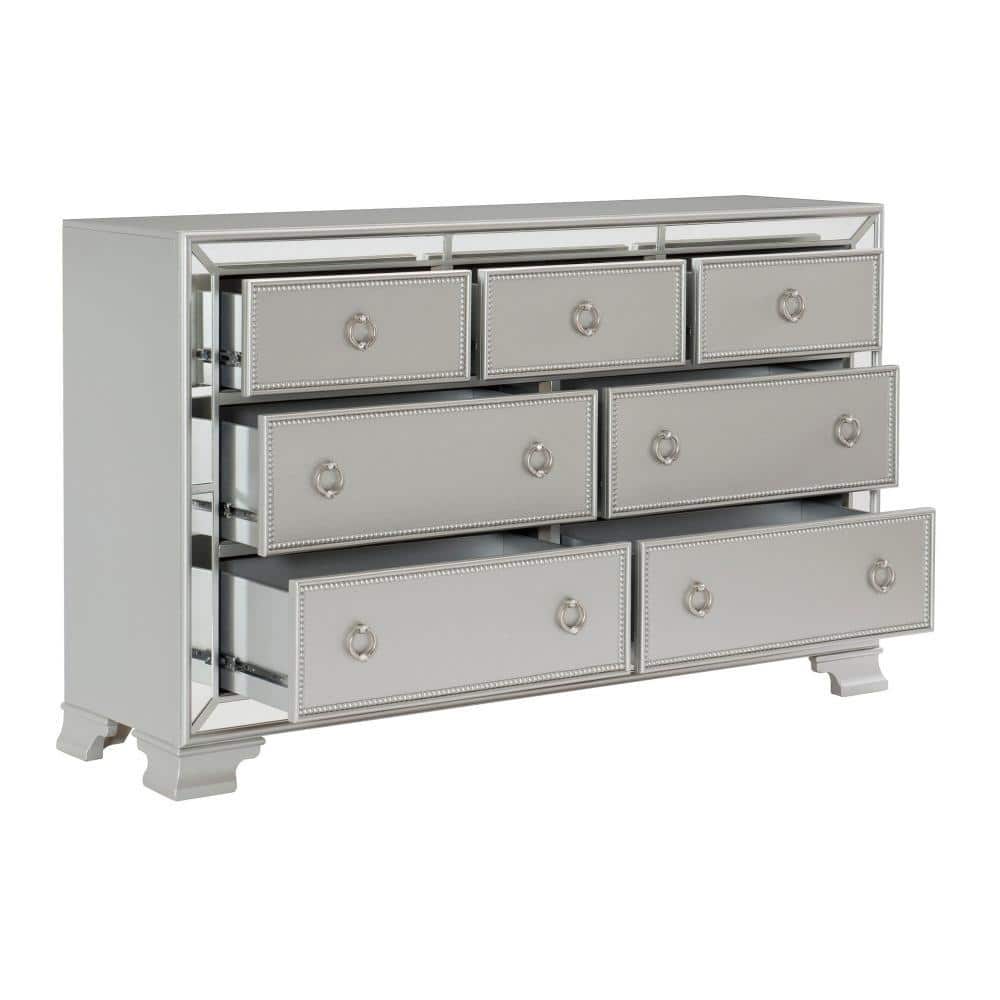White Glam 7-Drawer Dresser with Mirror Trim and Ring Pulls