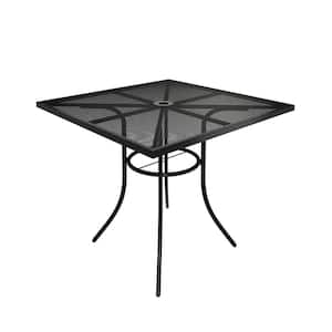 Black Steel Mesh Patio Dining Table 36 in. Outdoor Square Dining Table with Umbrella Hole for Deck Lawn Garden