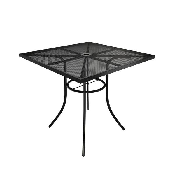 32" Square Outdoor Dining Table With Umbrella Hole | Tempered Glass Patio Table For Balcony & Poolside
