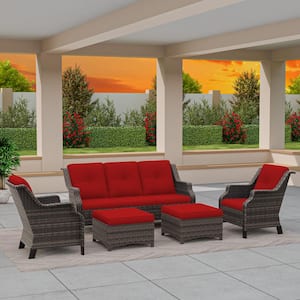 Brown 5-Pieces Outdoor Patio Conversation Sectional Seating Set with Red Cushions