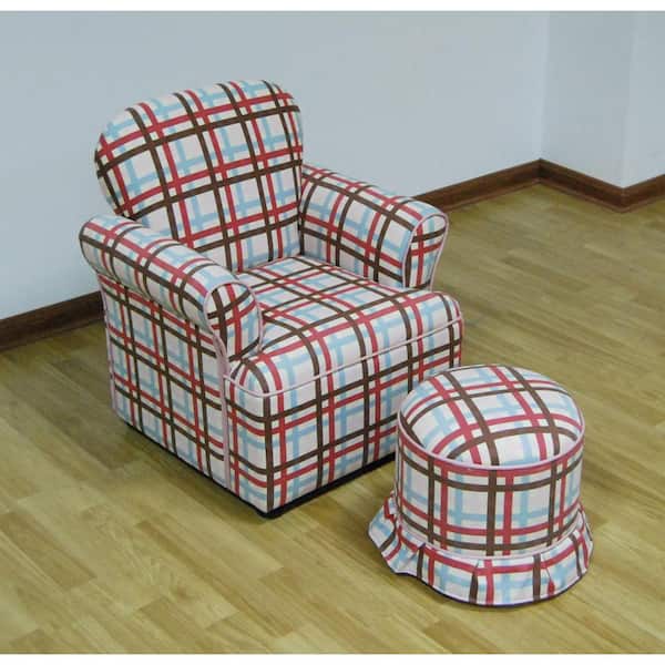 4D Concepts Rolled Plaid Upholstery Arm Chair With Round Ottoman