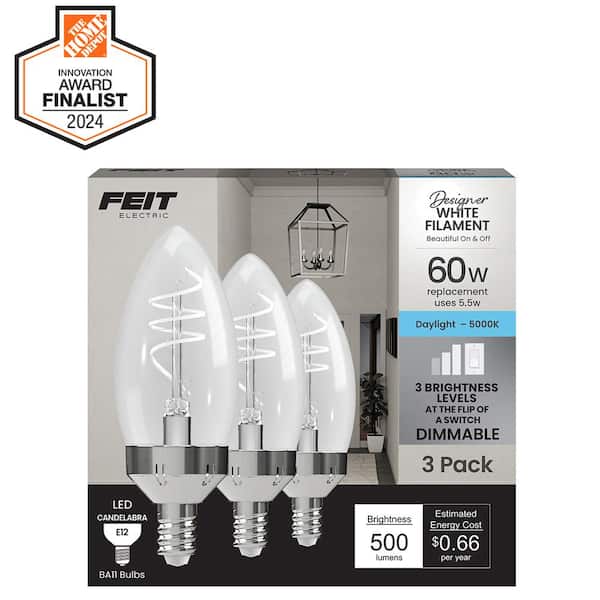 60W Equivalent B11 E12 Candelabra Switch to Dim White Filament Clear Chandelier LED Light Bulb, Daylight 5000K (3-Pack)