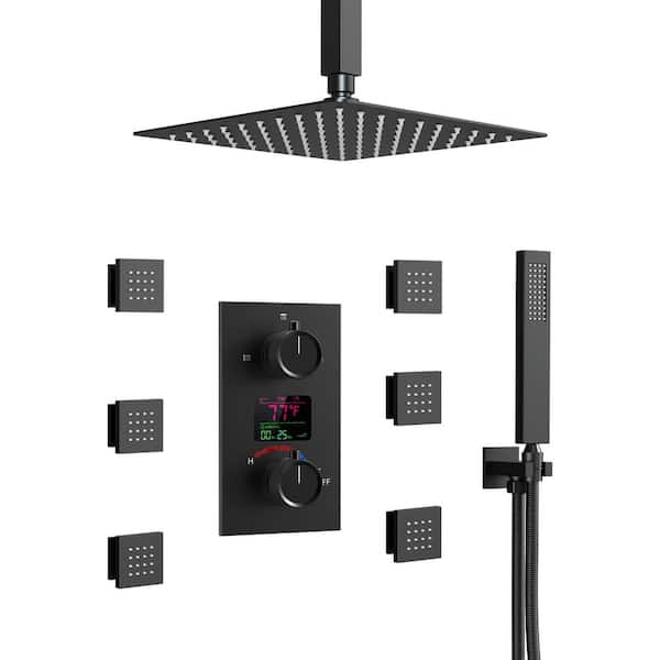 EVERSTEIN LCD Double Handle 3-Spray 12 in. Ceiling Mount Shower Faucet 2.5 GPM with Body Spray in. Matte Black
