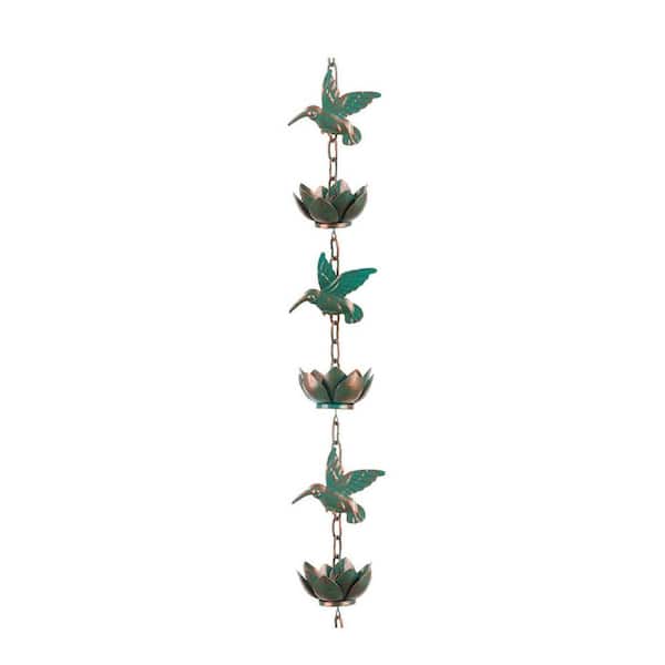 9 ft. Green Metal Hummingbird Rain Chain with 12 Copper Lotus Rain Chain Cups
