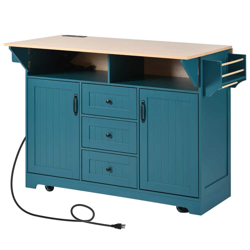 Green Wood MDF 55.7 in. W Rolling Large Kitchen Island on 5-Wheels with 2-D