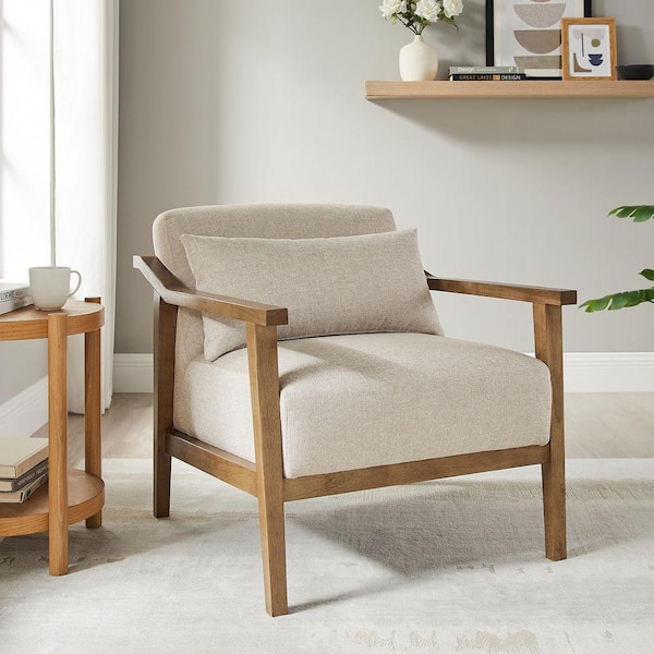 Rayn Sea Oat Polyester Fabric Wood Arm Accent Chair with Lumbar Cushion