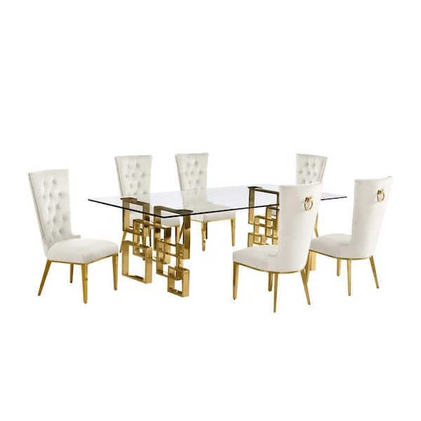 Best Quality Furniture Dominga 7-Piece Rectangular Glass Top Gold Stainless Steel Dining Set with 6 Cream Velvet Gold Stainless Steel Chair