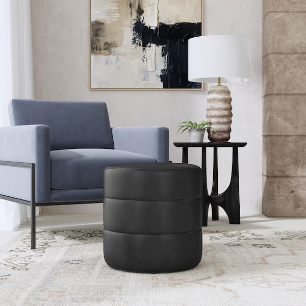 Black Faux Leather Round Decorative Ottoman with Channeling Detail
