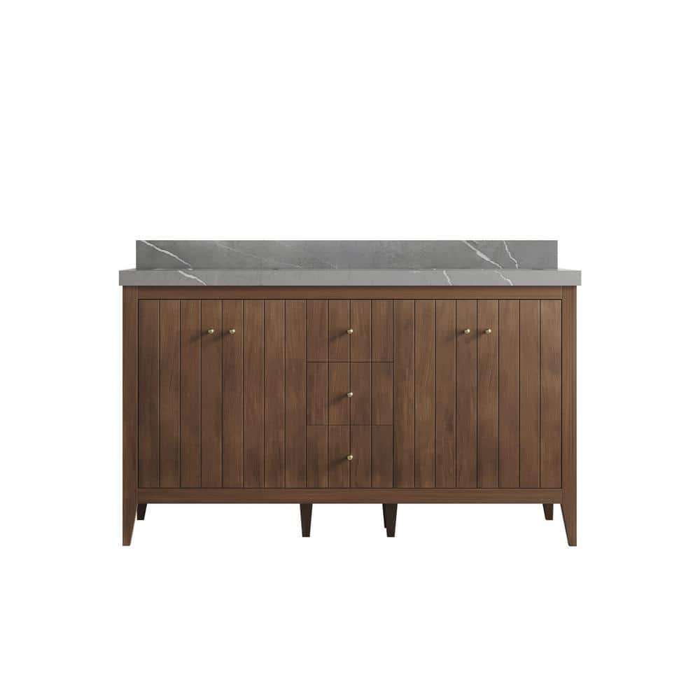 Atlanta Teak 60 in. W x 22 in. D x 36 in. H Double Sink Bath Vanity in Dark Natural with 2 in. Piatra Gray qt. Top price history on PriceWatchPro
