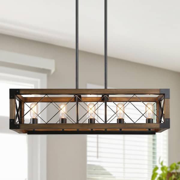 LNC Wood Kitchen Chandelier 5-Light Linear Farmhouse Black Island Dining Room Chandelier Pendant with Rustic Rectangle Frame