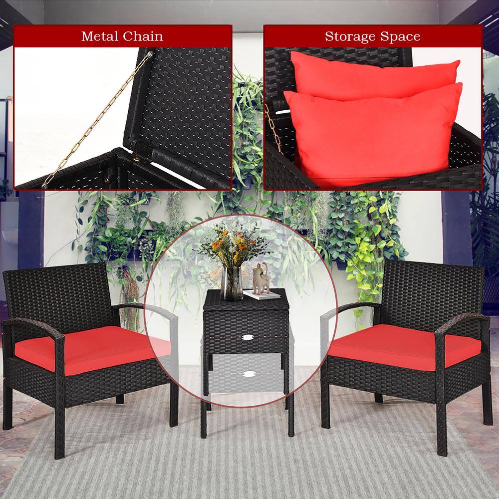 Red Cushioned Black Rattan 2-Person Patio Conversation Set