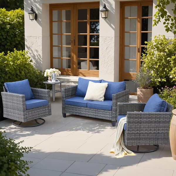 XIZZI Yolanda Gray 4-Piece Wicker Outdoor Rocking Chair Set with Denim Blue Cushions