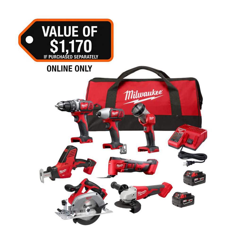 Milwaukee M18 18-Volt Lithium-Ion Cordless Combo Kit 7-Tool with 2-Batteries, Charger and Tool Bag 2695-27SH - The Home Depot