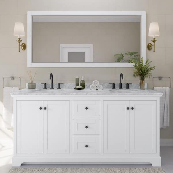 Avery 72 in. W x 22 in. D x 35 in. H Double Bath Vanity in White with White Carrara Marble Top