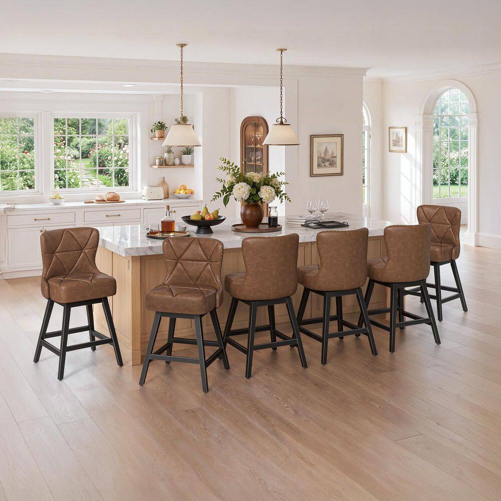 26 in. High Back Brown Faux Leather Swivel Counter Stool Upholstered Bar Stool with Metal Legs (set of 6)