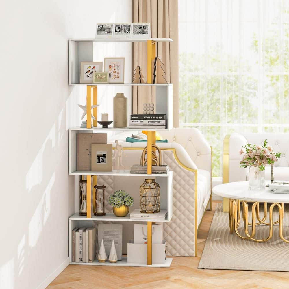 5-Tier Geometric Bookcase 62 in. S-Shaped Bookshelf with Metal Frame Gold price history on PriceWatchPro