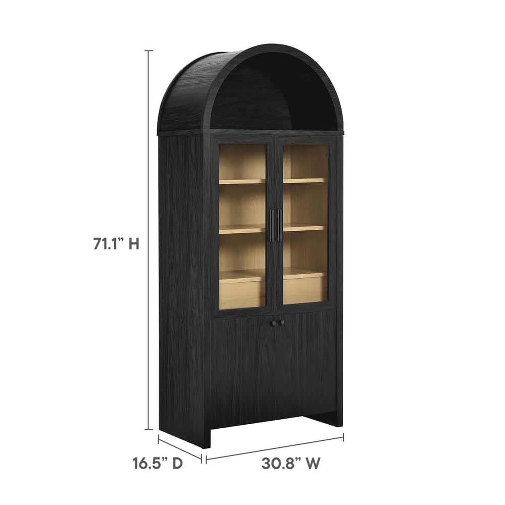 Evie Arched Black Oak Tall Display Cabinet with Glass Doors