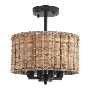 11.81 in. 4-Light Black Drum Natural Rattan Seagrass Semi Flush Mount Ceiling Light Fixtures with No Bulbs Included