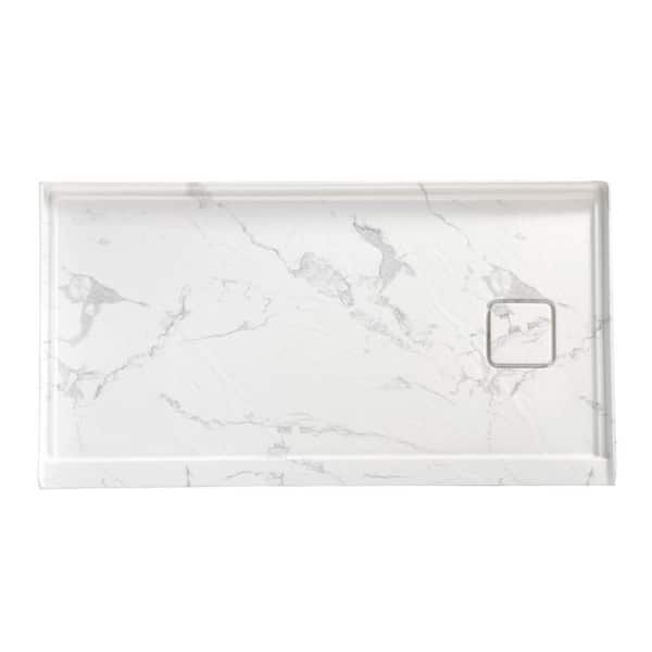 60 in. x 32 in. Alcove Rectangle White Marble Pattern Acrylic Bathroom Shower Pan Base with Right Hand Drain