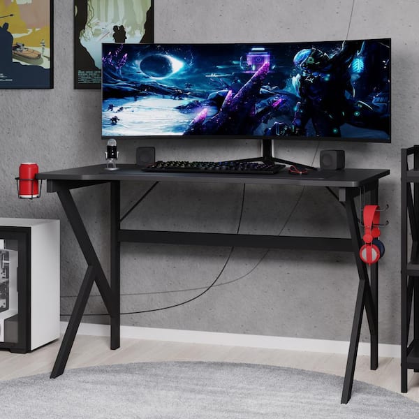 Lavish Home 23.5 in. Rectangle Black Carbon Fiber Texture Finish Computer Desk with Cup Holder, Headphones Hanger, and K-Shaped Legs