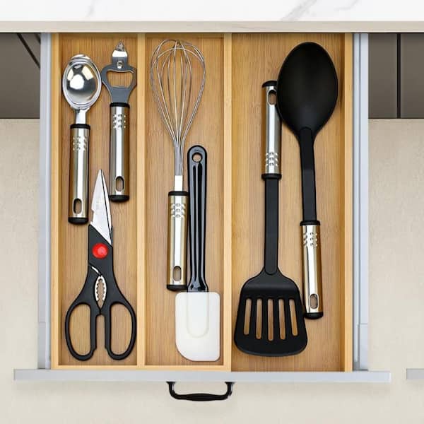 Bamboo Silverware Drawer Organizer Tray, Expandable Kitchen Tool Divider, Wooden Storage Holder for Cooking Utensils