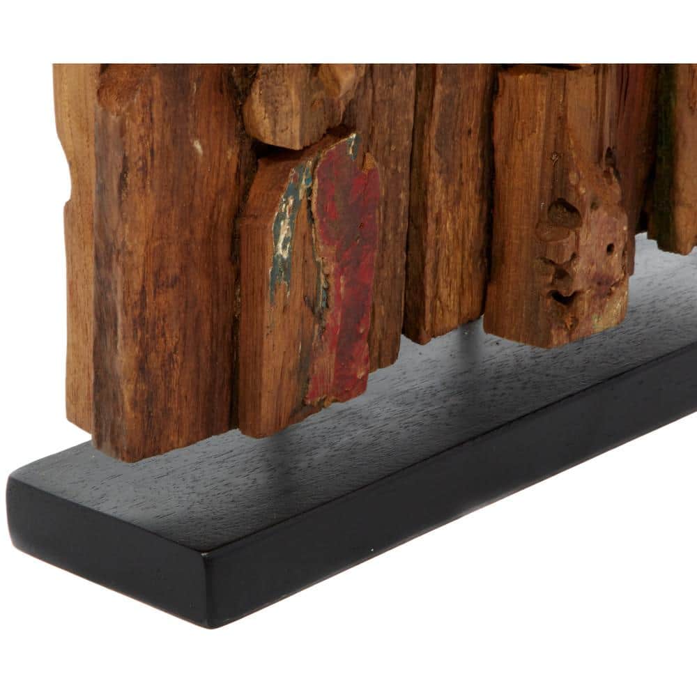 Brown Teak Wood Handmade Carved Abstract Sculpture with Faces