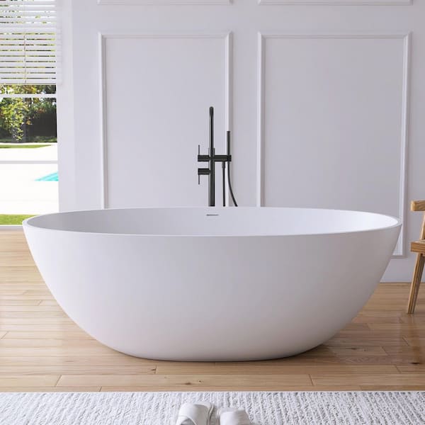 Eaton 65 in. x 30 in. Stone Resin Solid Surface Matte Flatbottom Freestanding Soaking Bathtub in White