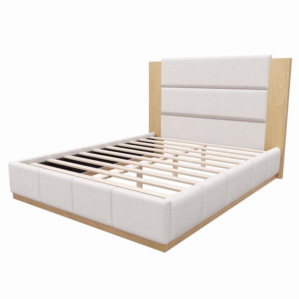 White Wood Frame Queen Platform Bed with Extended Headboard and Boucle Upholstery, No Box Spring Needed
