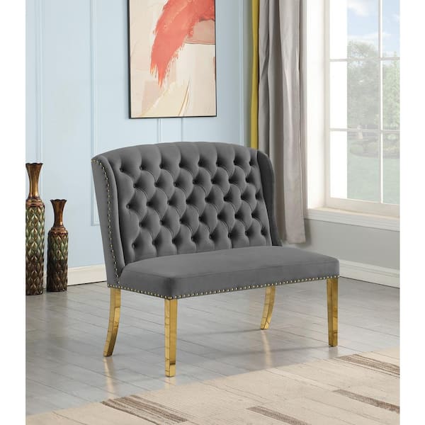 Best Master Furniture Hana Gray Dining Bench Solid Back in Gold 47 in. W