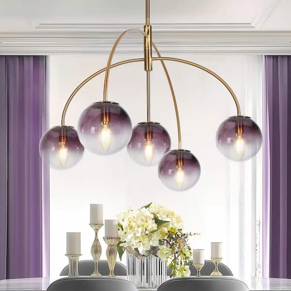 5-Light Plating Brass Sputnik Chandelier for Kitchen Island with Gradient Purple Glass Shades