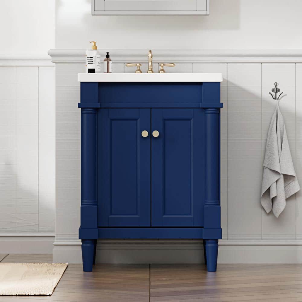24" Navy Composite Freestanding Vanity with White Ceramic Top