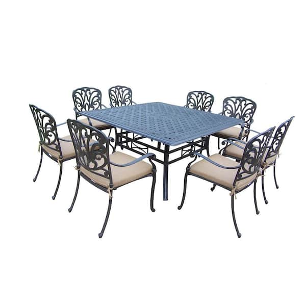 Oakland Living Cast Aluminum 9-Piece Square Table Patio Dining Set with SpunPoly Beige Cushions