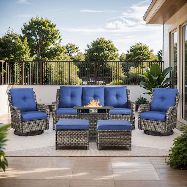 Arcline 6-Piece Gray Wicker Outdoor Chat Sets with Olefin Blue Cushions and Swivel Glider/Couch and Ottoman